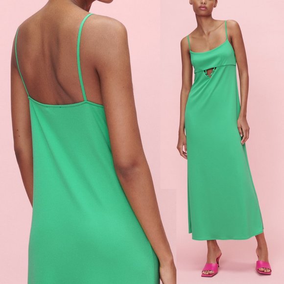 NEW Zara Stretch Knit Cutout Detail Long Maxi Slip Dress Size L Emerald Green - Picture 4 of 11